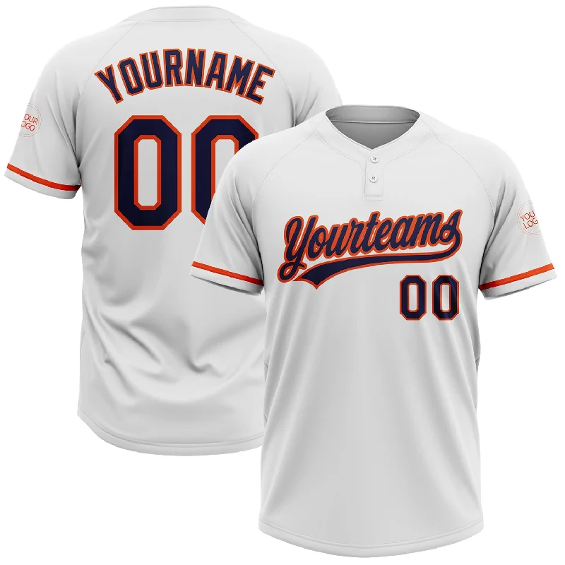 Softball Jerseys with Moisture-Wicking Fabric for Dry Play-Custom White Navy-Orange Two-Button Unisex Softball Jersey