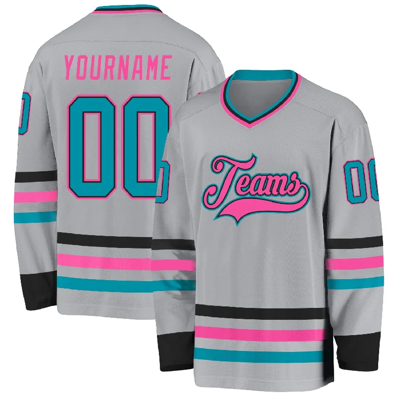 Customized Team Hockey Jerseys for Sponsorships-Custom Gray Teal Black-Pink Hockey Jersey