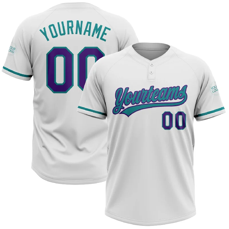 Custom Softball Jerseys for Charity Events-Custom White Purple-Teal Two-Button Unisex Softball Jersey