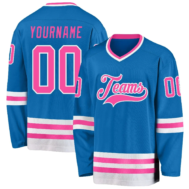 Sublimated Hockey Jerseys for Vibrant Designs-Custom Blue Pink-White Hockey Jersey