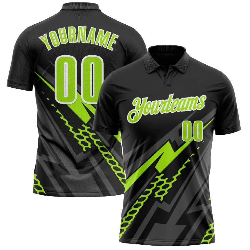 Comfortable Golf Polo Shirts for Relaxed Fit-Custom Black Neon Green-White 3D Bowling Geometric Shape Performance Polo Shirt