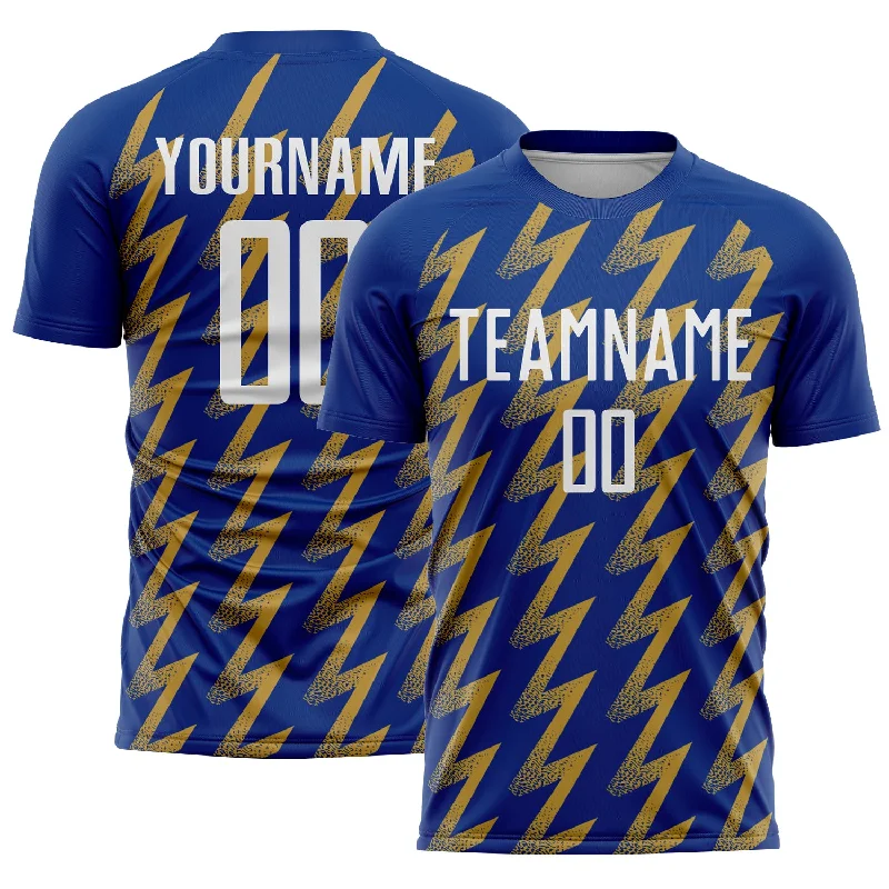 Soccer Jerseys with Lightweight Design for Freedom of Movement-Custom Royal White-Old Gold Zigzag Shape Sublimation Soccer Uniform Jersey