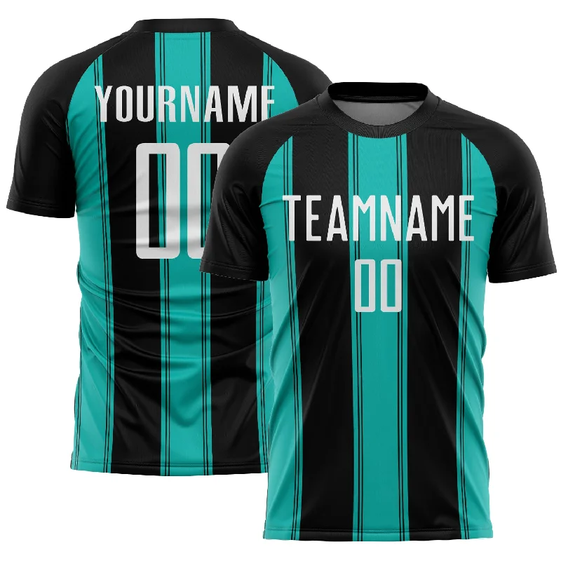 Soccer Jerseys with Full Button Front for Classic Look-Custom Black White-Aqua Line Sublimation Soccer Uniform Jersey