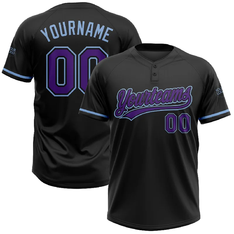 Softball Jerseys with Stretch Fabric for Flexibility-Custom Black Purple-Light Blue Two-Button Unisex Softball Jersey