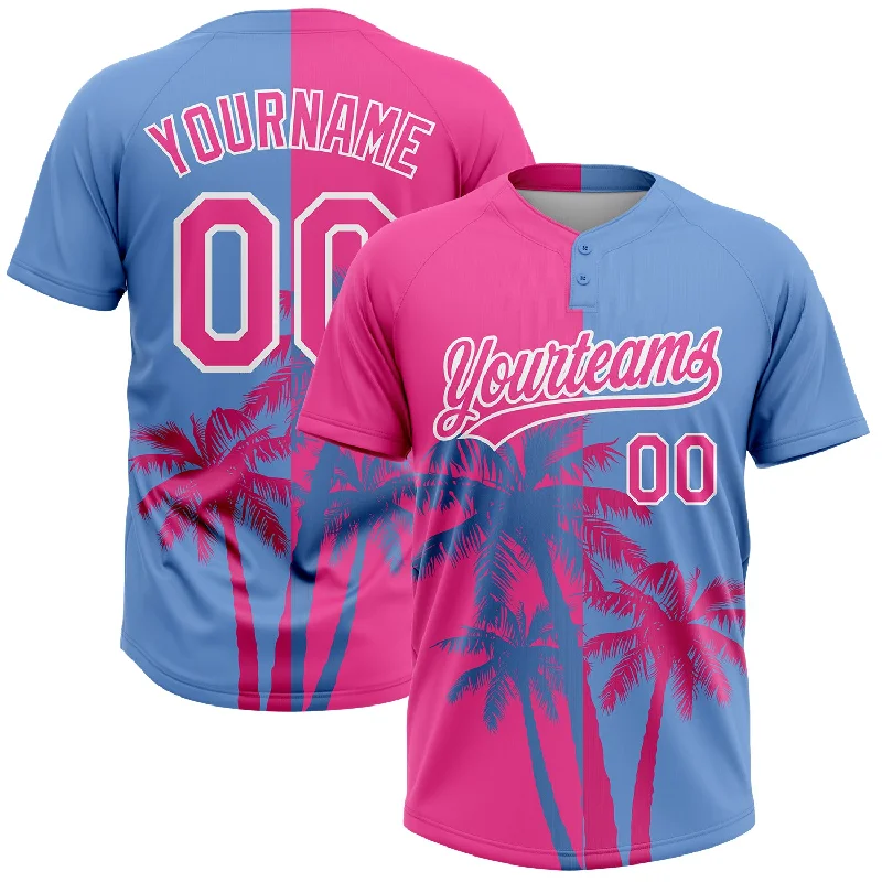 Softball Jerseys with Anti-Wrinkle Fabric for Easy Maintenance-Custom Pink Light Blue-White 3D Pattern Hawaii Coconut Trees Two-Button Unisex Softball Jersey