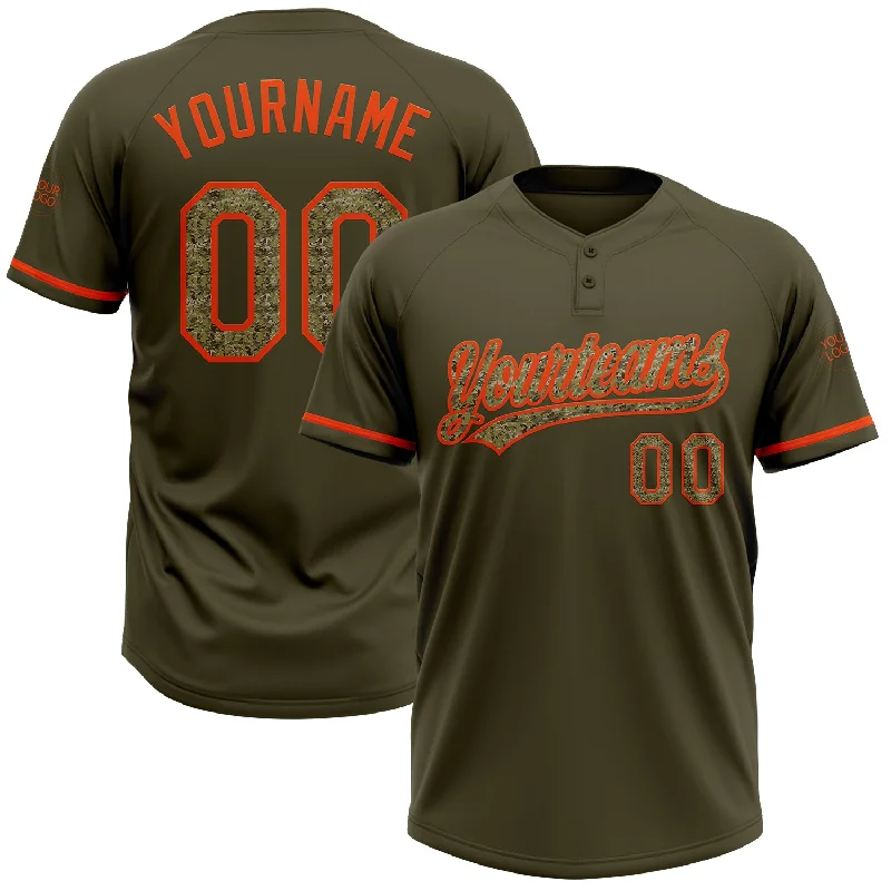 Softball Jerseys with Moisture-Wicking Fabric for Dry Play-Custom Olive Camo-Orange Salute To Service Two-Button Unisex Softball Jersey