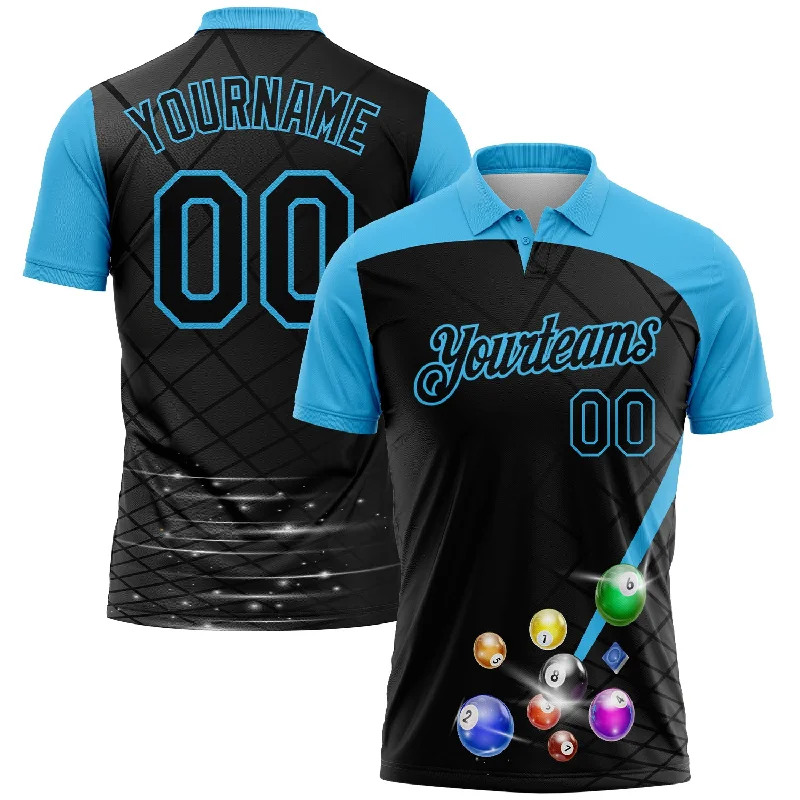 Custom Golf Polo Shirts for Fundraisers and Charities-Custom Black Sky Blue 3D Pattern Design Billiards Performance Polo Shirt