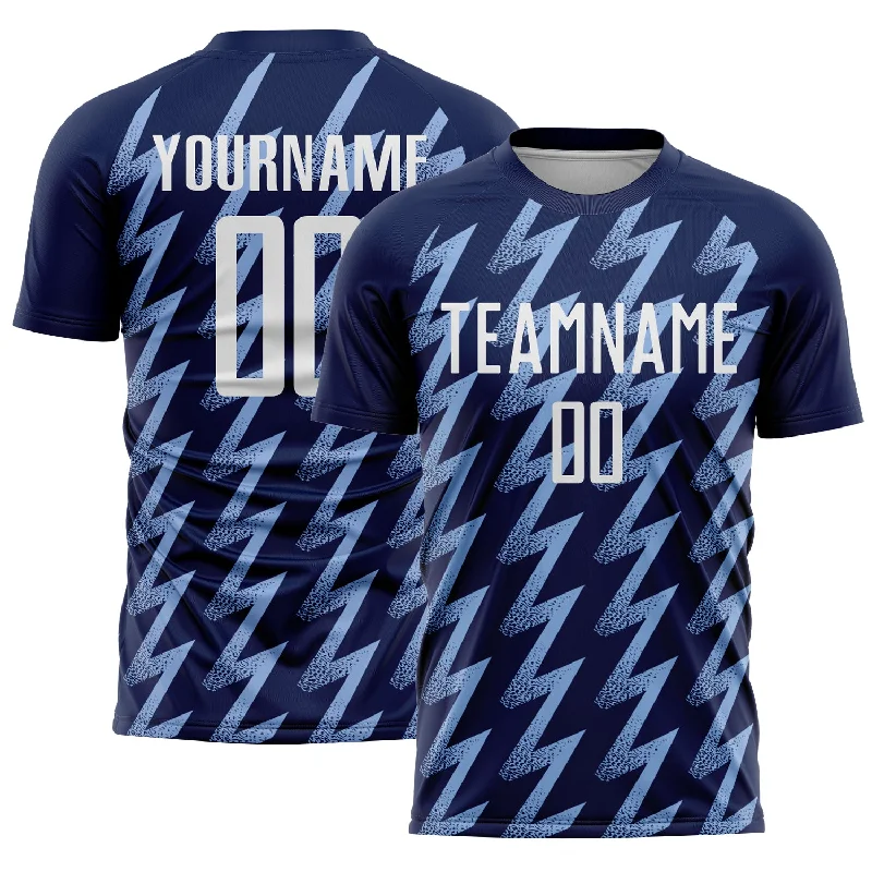 Soccer Jerseys with Quick-Dry Technology for Hot Weather Play-Custom Navy White-Light Blue Zigzag Shape Sublimation Soccer Uniform Jersey