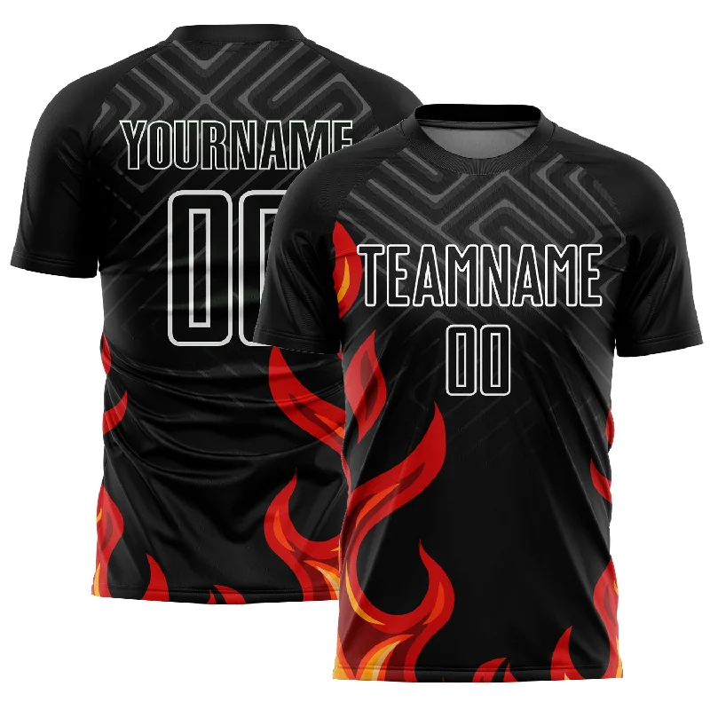 Soccer Jerseys with Modern Cut for Comfortable Fit-Custom Black Red-Gold Flame Sublimation Soccer Uniform Jersey