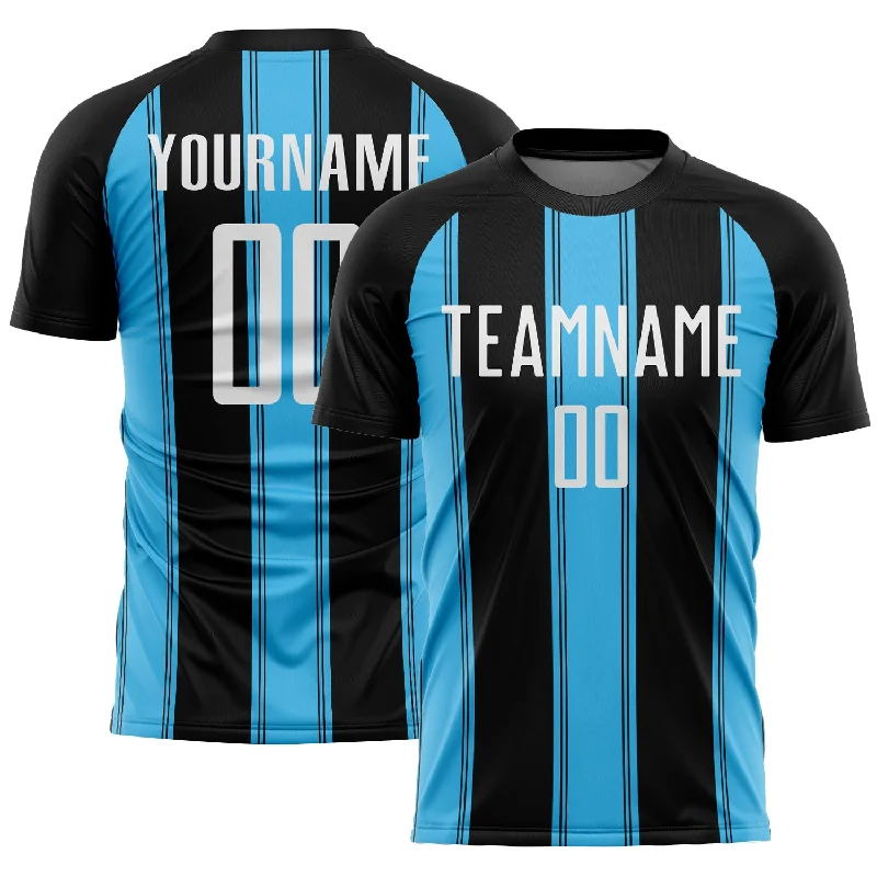 Soccer Jerseys with Side Panels for Stylish Look-Custom Black White-Sky Blue Line Sublimation Soccer Uniform Jersey