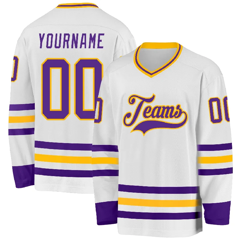 Customizable Hockey Jerseys for Schools and Leagues-Custom White Purple-Gold Hockey Jersey