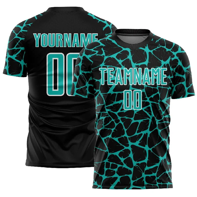 Soccer Jerseys with Extended Back for Comfort and Fit-Custom Black Aqua-White Abstract Network Splash Sublimation Soccer Uniform Jersey