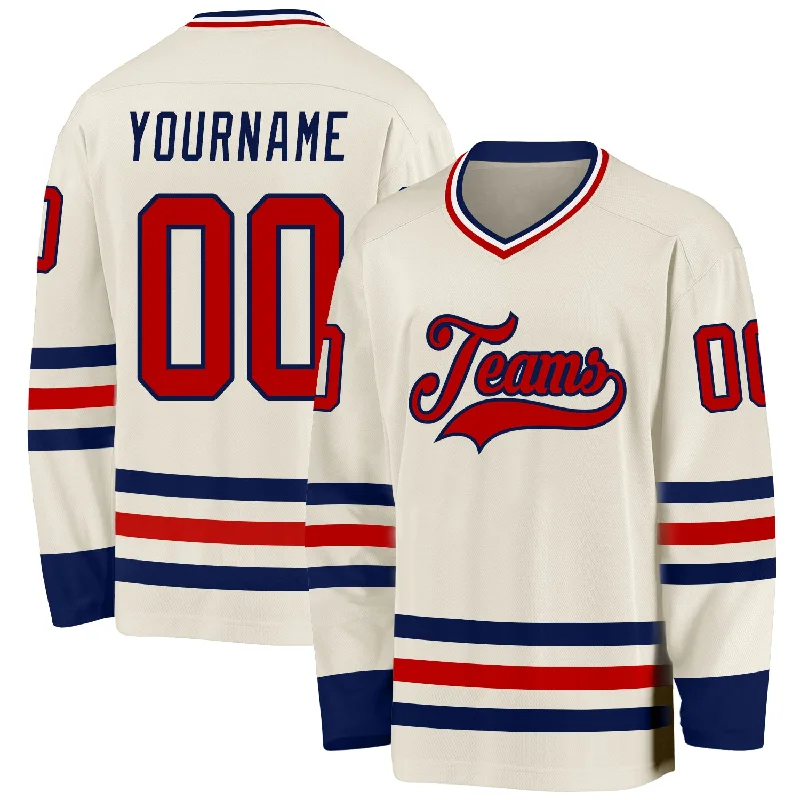 Women's Fit Hockey Jerseys for Ice Hockey-Custom Cream Red Navy-White Hockey Jersey