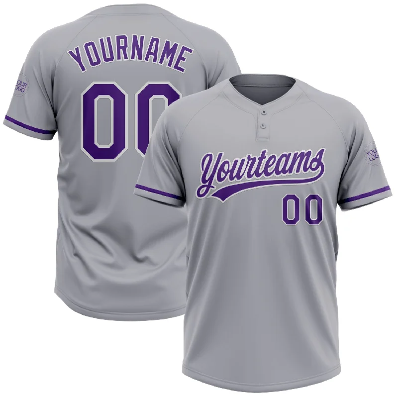 Softball Jerseys with Adjustable Collar for Versatility-Custom Gray Purple-White Two-Button Unisex Softball Jersey