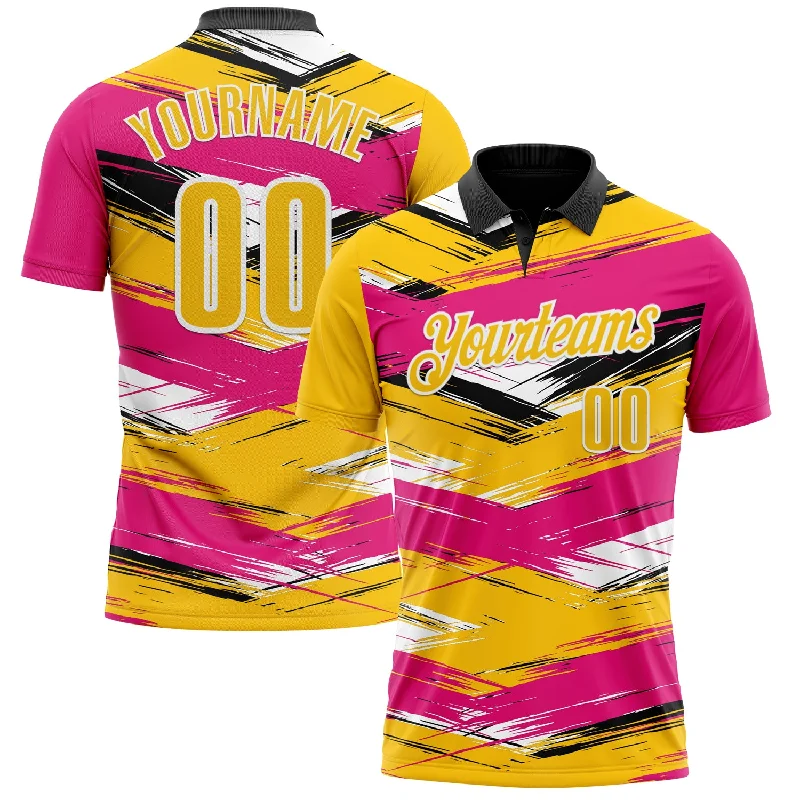 Comfortable Golf Polo Shirts for Relaxed Fit-Custom Hot Pink Yellow-Black 3D Bowling Abstract Grunge Art Performance Polo Shirt