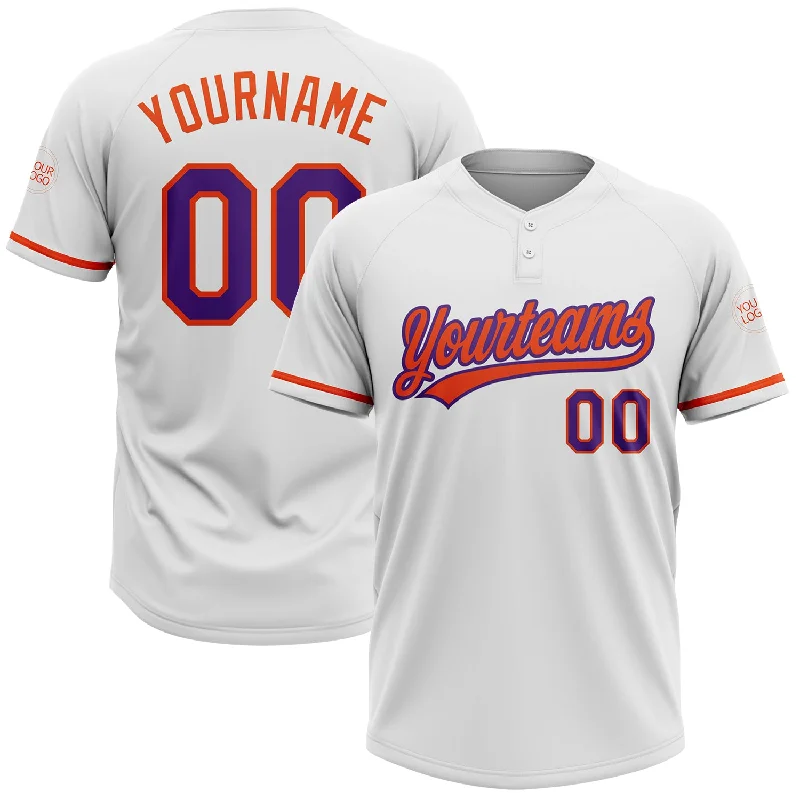 High-Durability Softball Jerseys for Tough Games-Custom White Purple-Orange Two-Button Unisex Softball Jersey