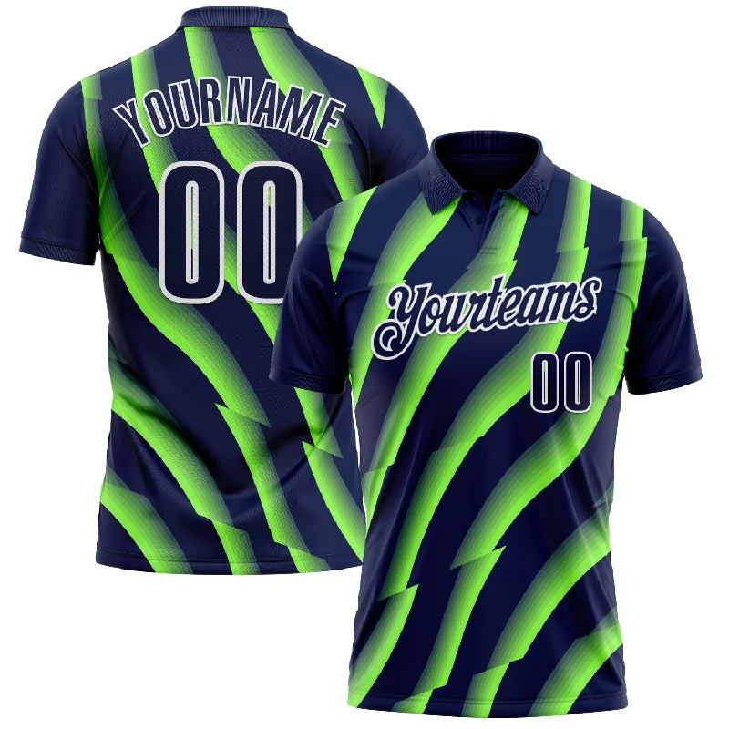 Golf Polo Shirts for Gift Ideas and Corporate Gifting-Custom Navy Neon Green-White 3D Bowling Geometric Shape Performance Polo Shirt