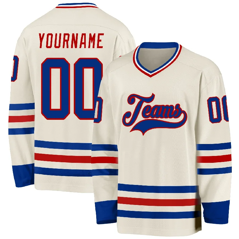 Custom Hockey Jerseys with Team Sponsor Logos-Custom Cream Royal Red-White Hockey Jersey