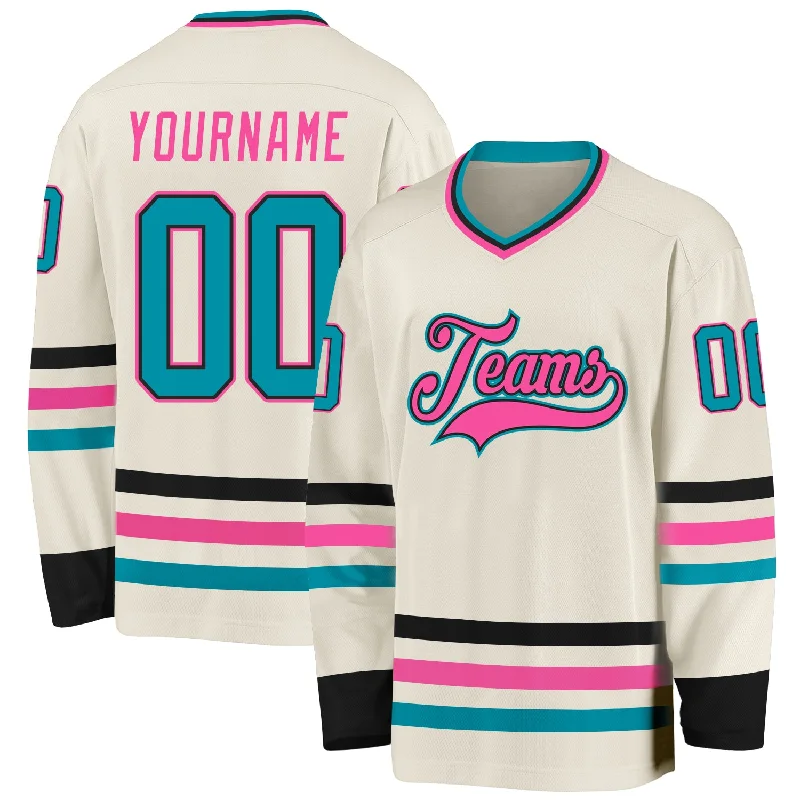 Breathable Mesh Ice Hockey Jerseys for Comfort-Custom Cream Teal Black-Pink Hockey Jersey