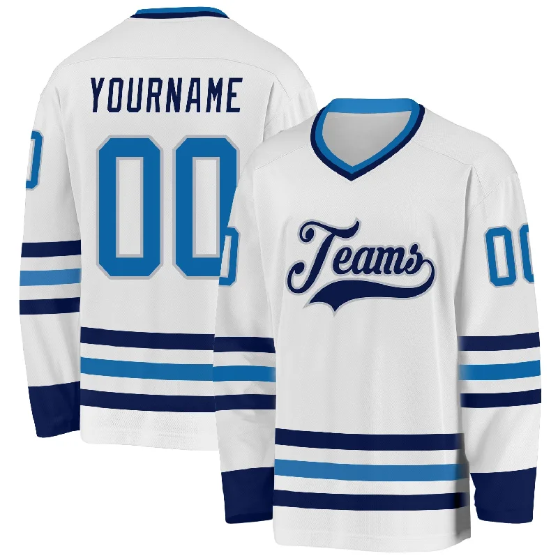 Hockey Jerseys with Padded Shoulders for Protection-Custom White Blue Navy-Gray Hockey Jersey