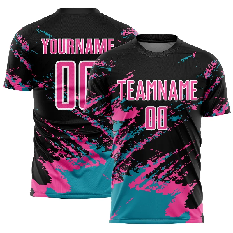 Soccer Jerseys with Extra Padding for Protection-Custom Black Pink-Teal Abstract Fragment Art Splash Sublimation Soccer Uniform Jersey