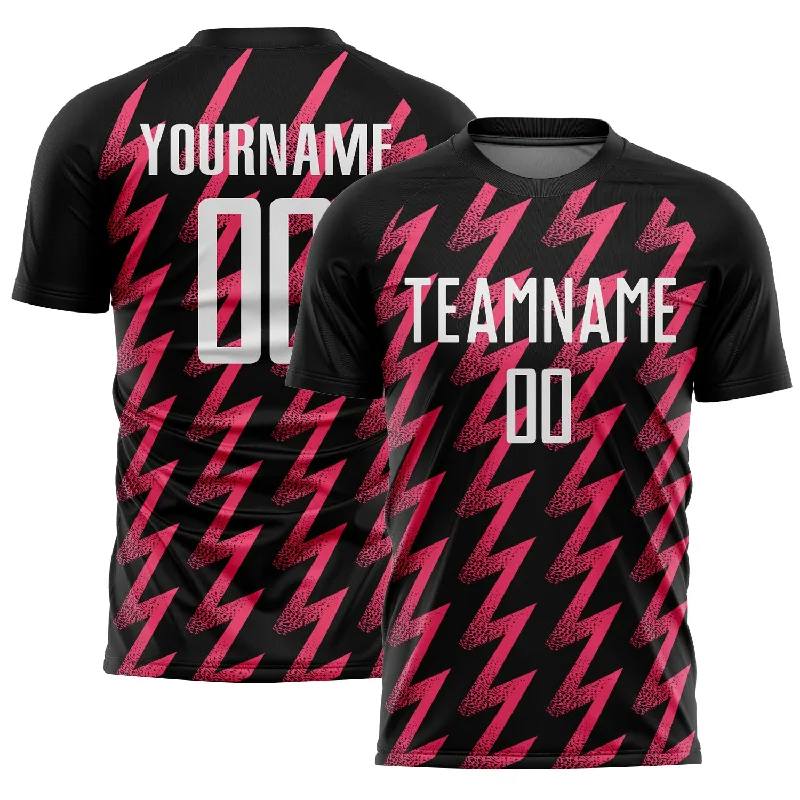 Soccer Jerseys with Soft Fabric for a Casual Look-Custom Black White-Neon Pink Zigzag Shape Sublimation Soccer Uniform Jersey