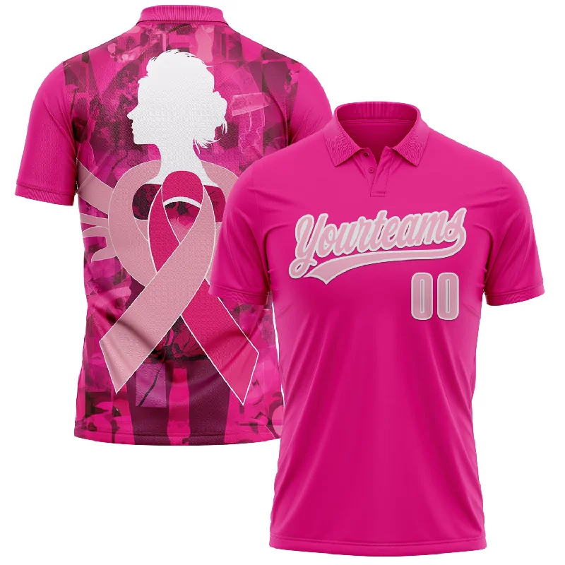 Stylish Golf Polo Shirts for Casual Wear-Custom Pink Light Pink-White 3D Pink Ribbon Breast Cancer Awareness Month Women Health Care Support Performance Polo Shirt