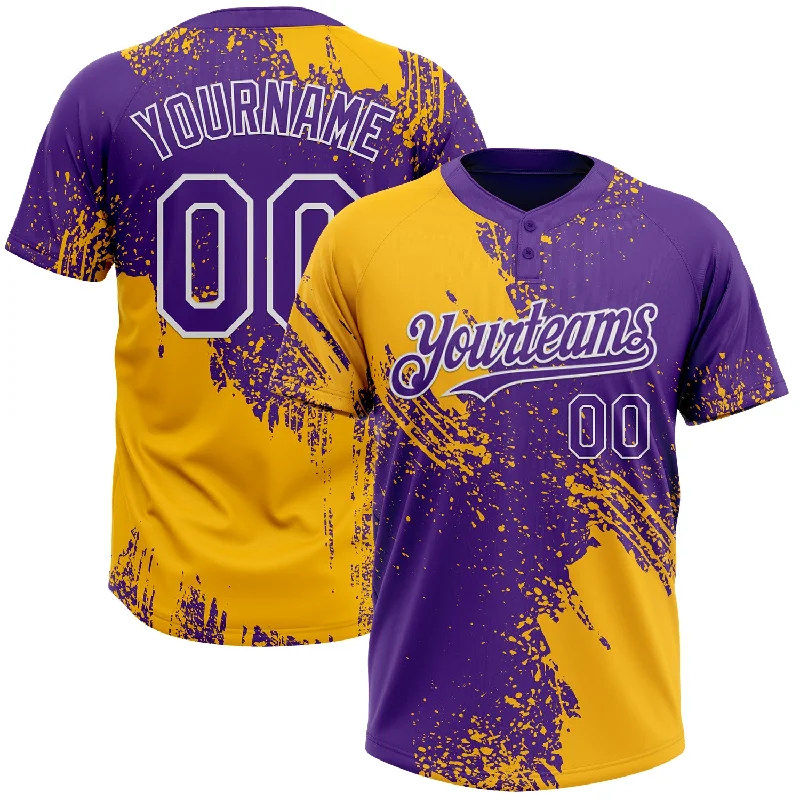 Softball Jerseys with Padded Arms for Protection and Comfort-Custom Gold Purple-White 3D Pattern Abstract Brush Stroke Two-Button Unisex Softball Jersey