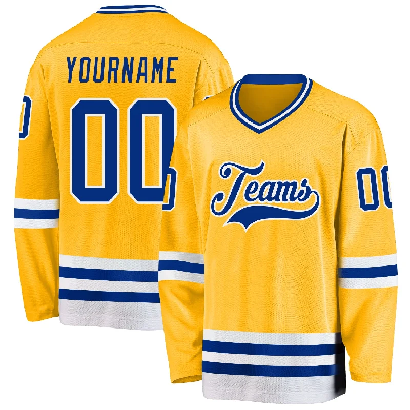 Warm Hockey Jerseys for Cold Weather Play-Custom Gold Royal-White Hockey Jersey