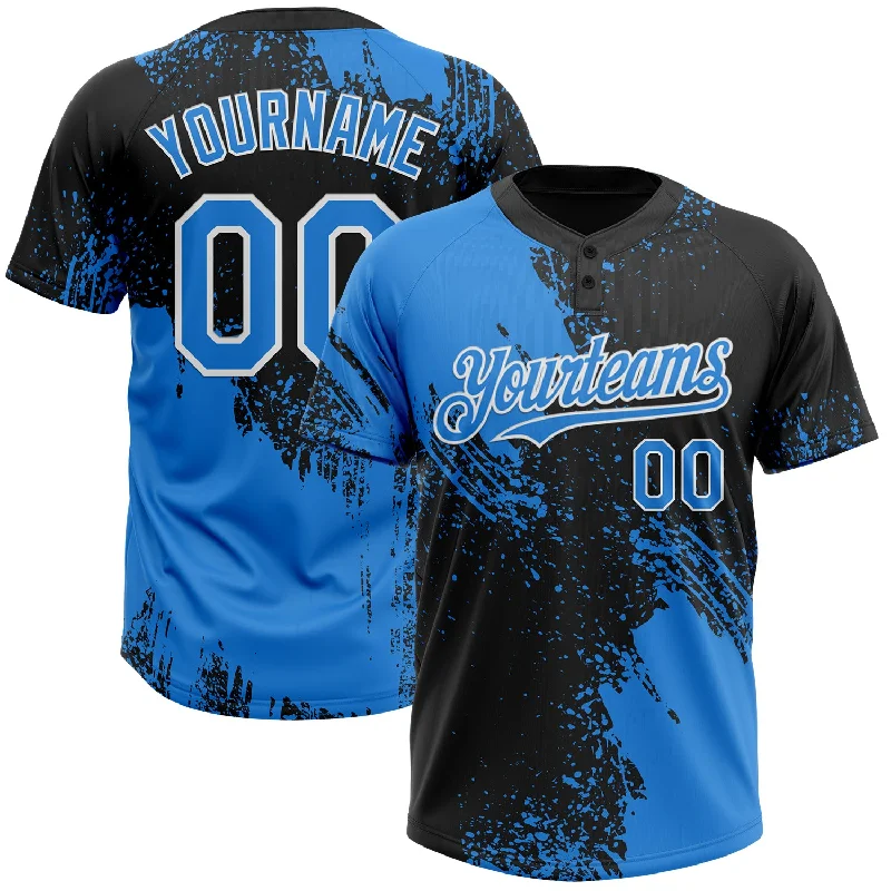 Classic Softball Jerseys for Recreational Players-Custom Black Electric Blue-White 3D Pattern Abstract Brush Stroke Two-Button Unisex Softball Jersey