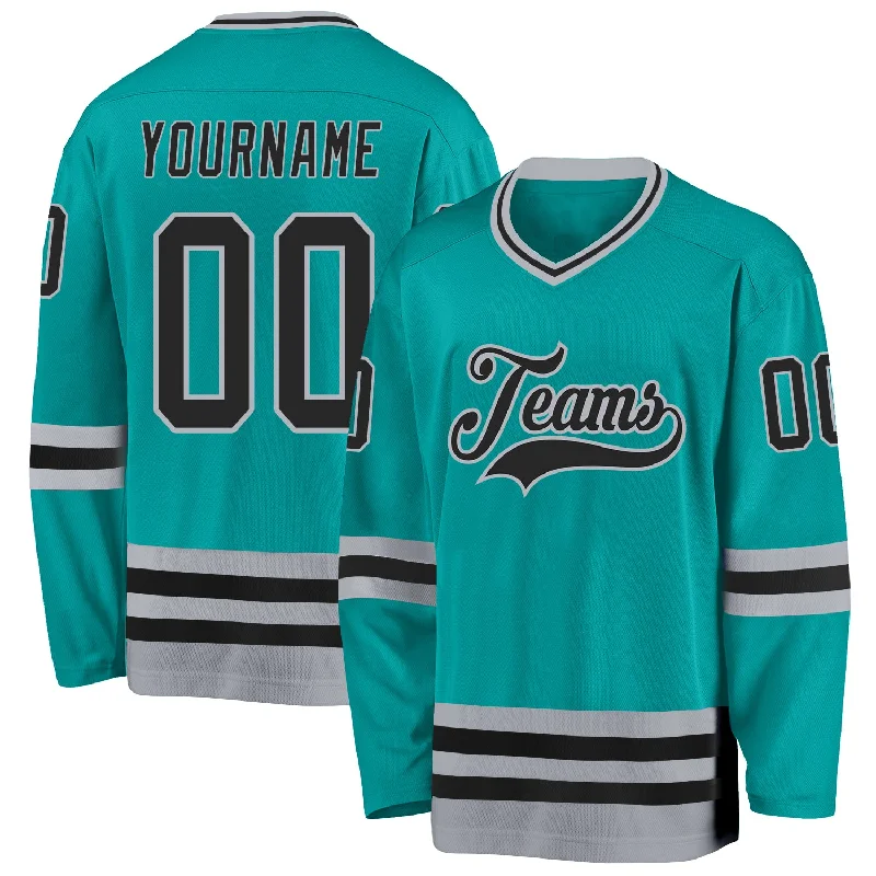 Authentic Team Hockey Jerseys for Supporters-Custom Aqua Black-Gray Hockey Jersey