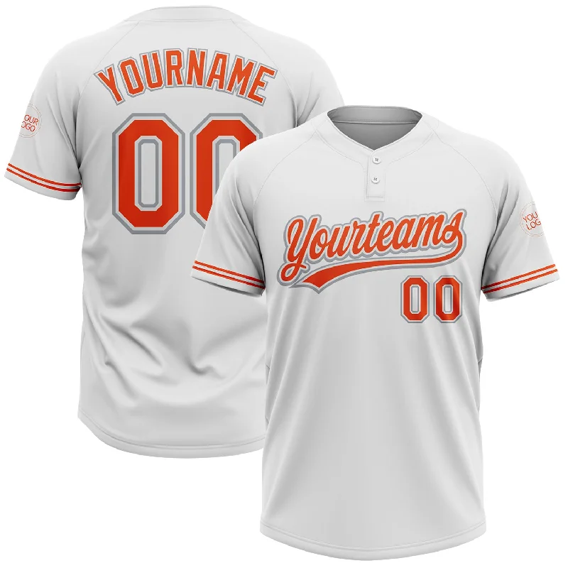 Softball Jerseys for All-Season Play-Custom White Orange-Gray Two-Button Unisex Softball Jersey