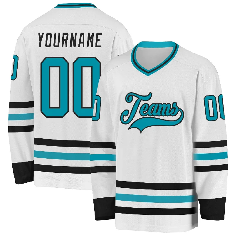 Personalized Hockey Jerseys for Teams-Custom White Teal-Black Hockey Jersey