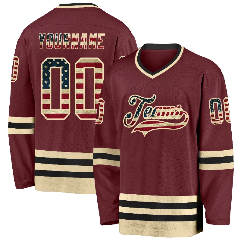 Soft Polyester Hockey Jerseys for Performance-Custom Burgundy Vintage USA Flag Cream-Black Hockey Jersey