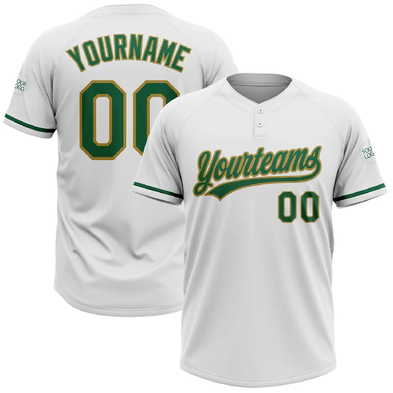 Softball Jerseys with Moisture-Wicking Technology for Hot Days-Custom White Kelly Green-Old Gold Two-Button Unisex Softball Jersey