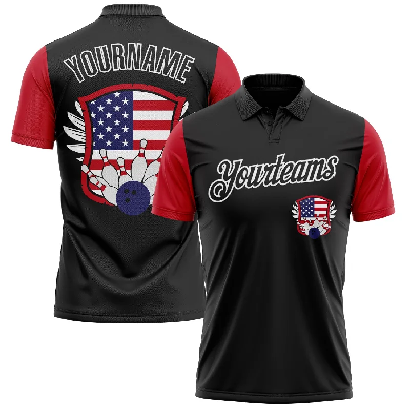 Golf Polo Shirts with Silicone Embellishments for Unique Look-Custom Black White 3D Bowling American Flag Performance Polo Shirt