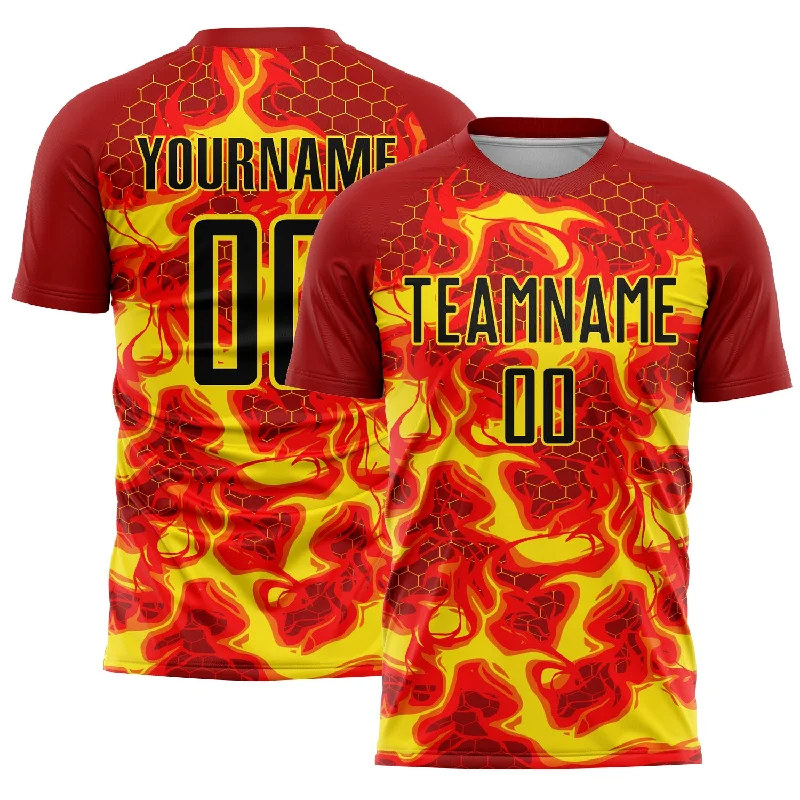 Soccer Jerseys with Stretch-Fit Design for Flexible Play-Custom Red Black-Light Yellow Flame Sublimation Soccer Uniform Jersey