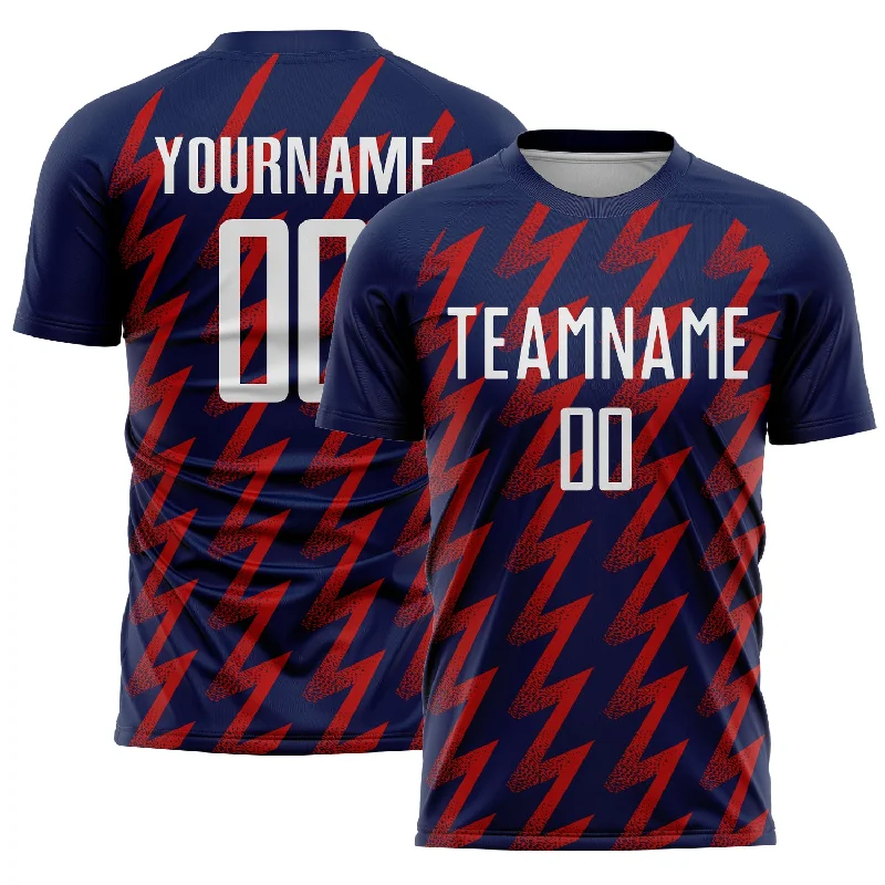 Soccer Jerseys with Extra Padding for Protection-Custom Navy White-Red Zigzag Shape Sublimation Soccer Uniform Jersey