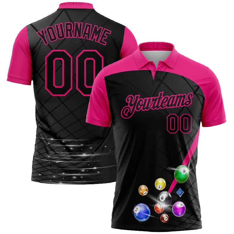 Budget-Friendly Golf Polo Shirts for Beginners-Custom Black Hot Pink 3D Pattern Design Billiards Performance Polo Shirt