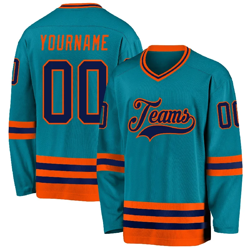 Warm Hockey Jerseys for Cold Weather Play-Custom Teal Navy-Orange Hockey Jersey