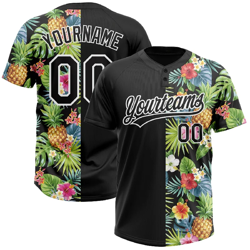 Youth Softball Jerseys for School and League Teams-Custom Black White 3D Pattern Hawaii Tropical Pineapples