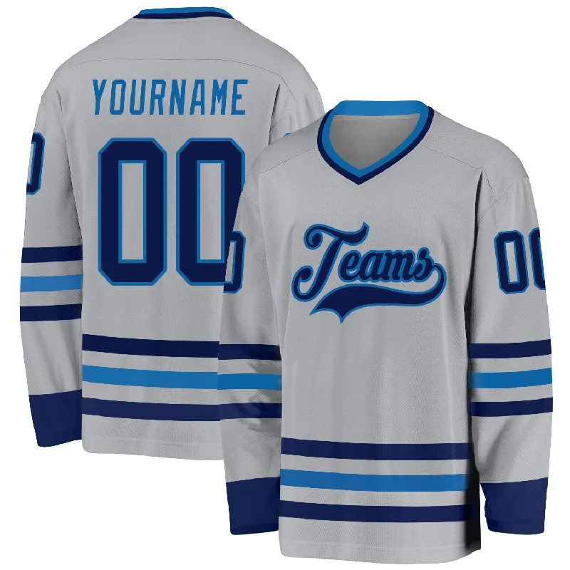 Classic Ice Hockey Jerseys with Stripe Details-Custom Gray Navy-Blue Hockey Jersey