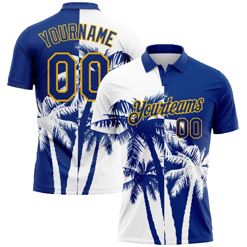 Performance Golf Polo Shirts with UV Blocking Fabric-Custom White Royal-Gold 3D Pattern Design Hawaii Coconut Trees Performance Golf Polo Shirt