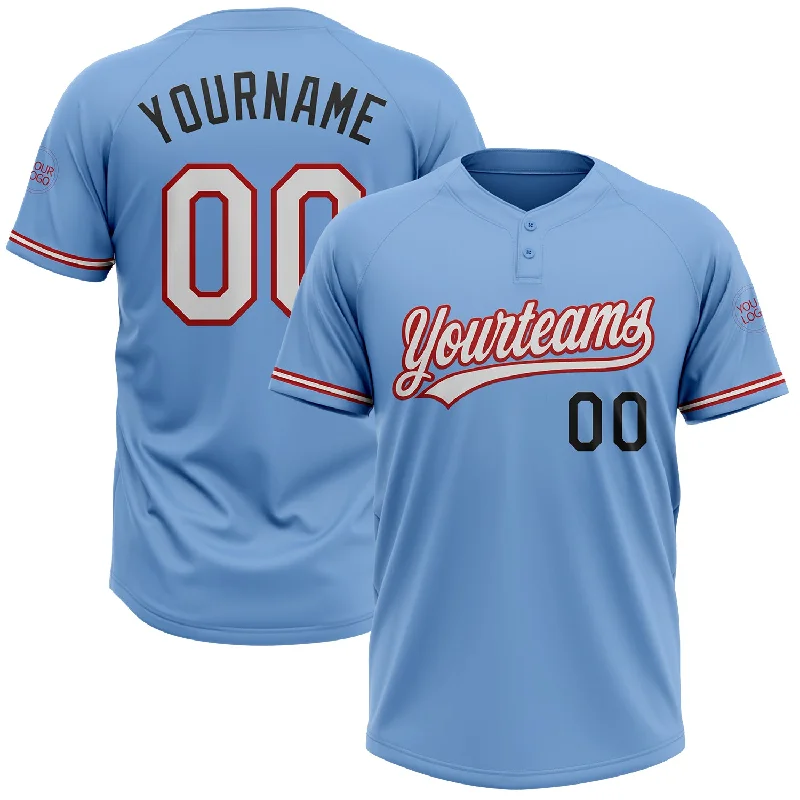 Softball Jerseys for Corporate and Team Events-Custom Light Blue Red-Black Two-Button Unisex Softball Jersey