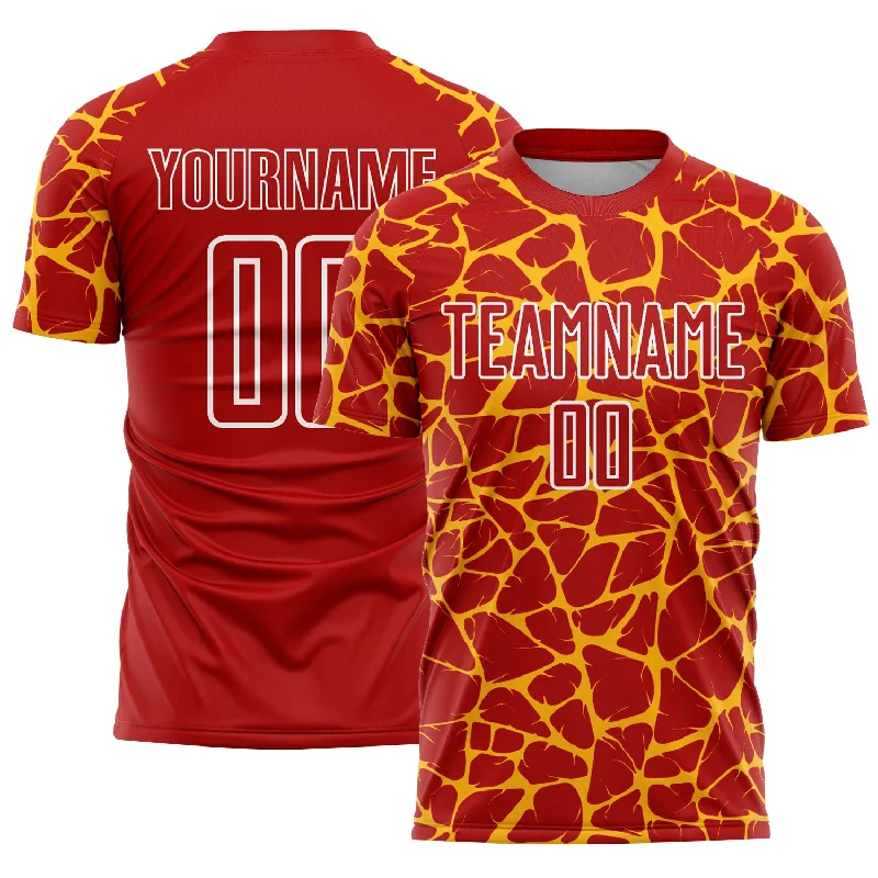 Soccer Jerseys with Customizable Sleeve Length for Different Looks-Custom Red Gold-White Abstract Network Splash Sublimation Soccer Uniform Jersey