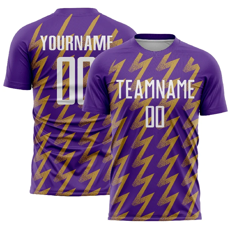 Soccer Jerseys with Anti-Odor Technology for Comfort-Custom Purple White-Old Gold Zigzag Shape Sublimation Soccer Uniform Jersey