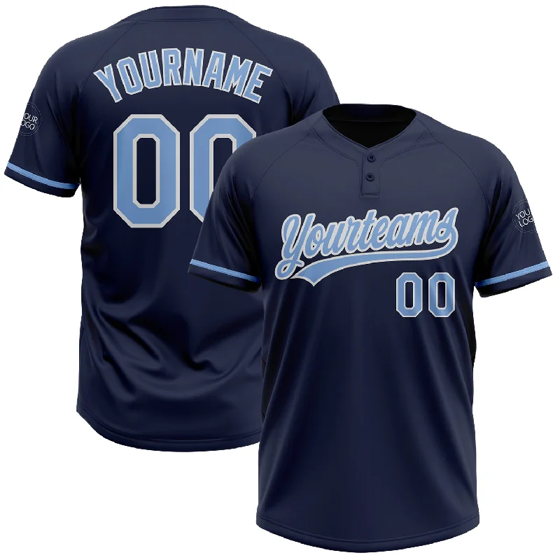 Softball Jerseys with Zip Collar for Easy Wear-Custom Navy Light Blue-White Two-Button Unisex Softball Jersey