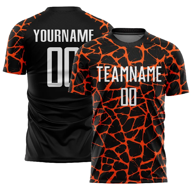 Soccer Jerseys with Piping for Traditional Style-Custom Black White-Orange Abstract Network Splash Sublimation Soccer Uniform Jersey