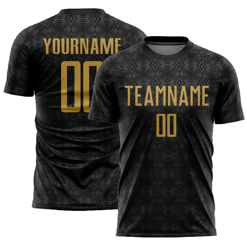 Lightweight Soccer Jerseys for Comfort and Speed-Custom Black Old Gold Geometric Shapes Sublimation Soccer Uniform Jersey