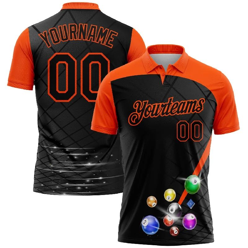 Golf Polo Shirts for Hot Weather with Cooling Tech-Custom Black Orange 3D Pattern Design Billiards Performance Polo Shirt